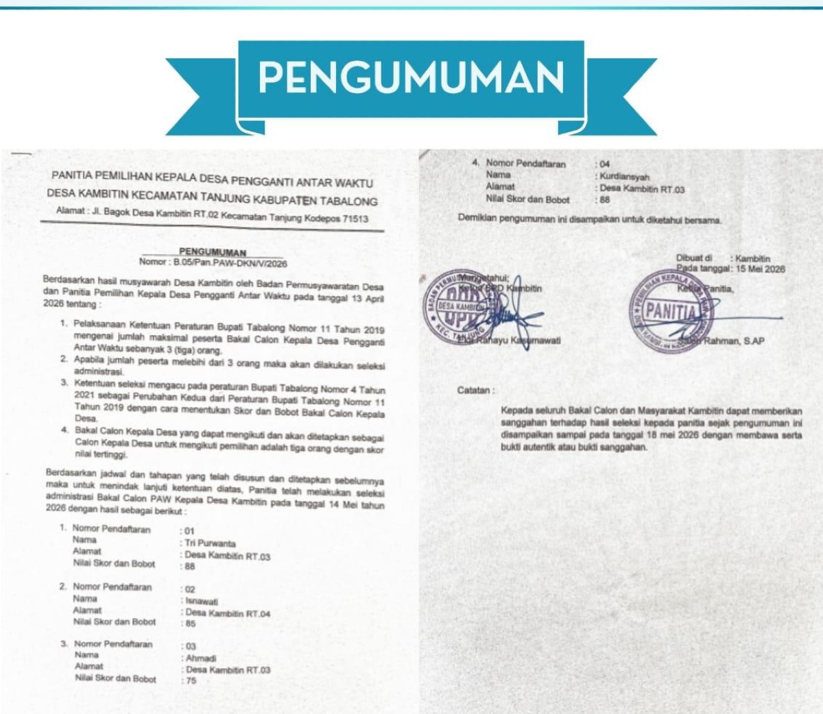 Panitia PAW Kepala Desa Kambitin Umumkan Hasil Seleksi Administrasi Bakal Calon