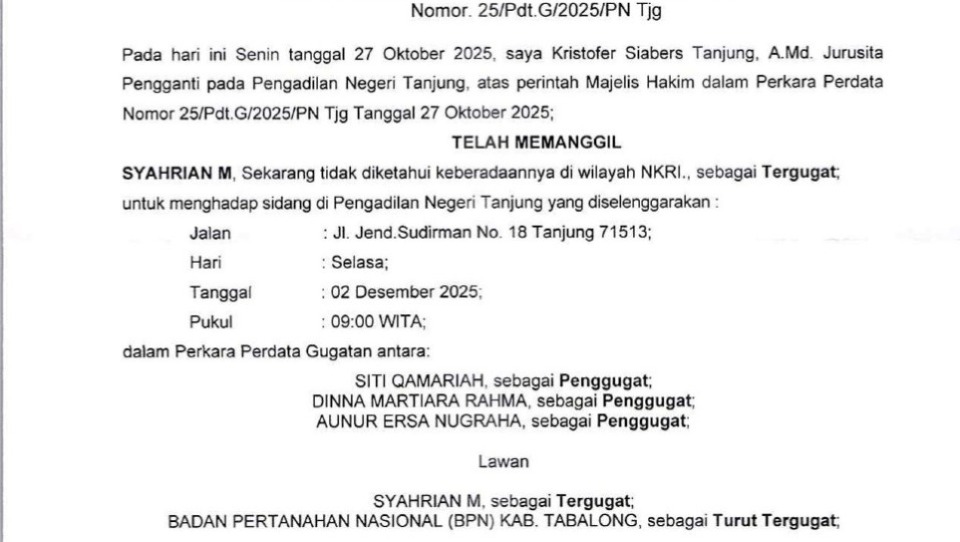 Relaas Panggilan Kepada Tergugat  No. 25/Pdt.G/2025/PN Tjg tanggal 27 0ktober 2025 An. SYAHRIAN M