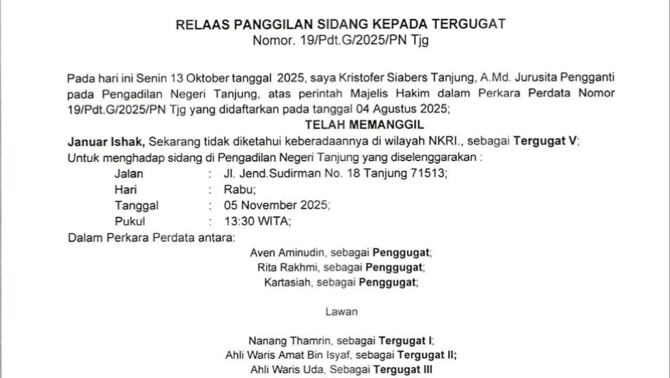Relaas Panggilan Kepada Tergugat  No.19/Pdt.G/2025/PN Tjg tanggal 04 Agustus 2025 An. Januar Ishak 
