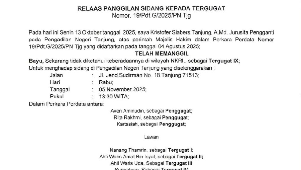 Relaas Panggilan Kepada Tergugat  No.19/Pdt.G/2025/PN Tjg tanggal 04 Agustus 2025 An. Bayu