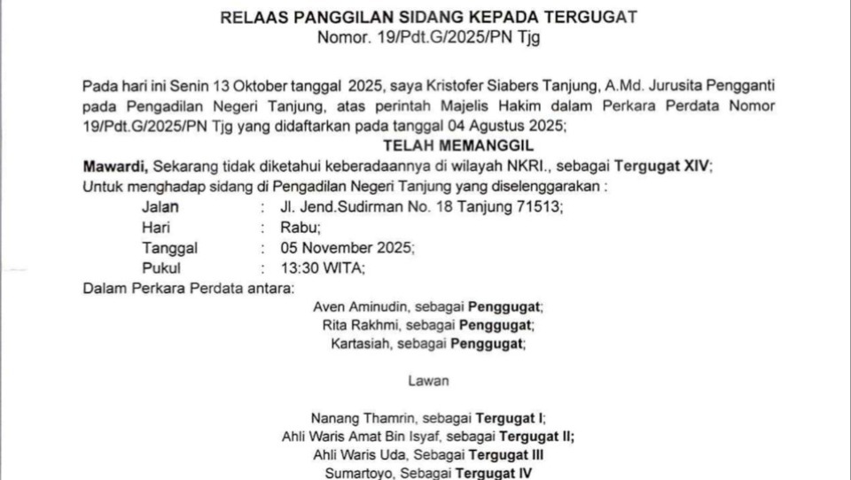 Relaas Panggilan Kepada Tergugat  No.19/Pdt.G/2025/PN Tjg tanggal 04 Agustus 2025 An. Mawardi