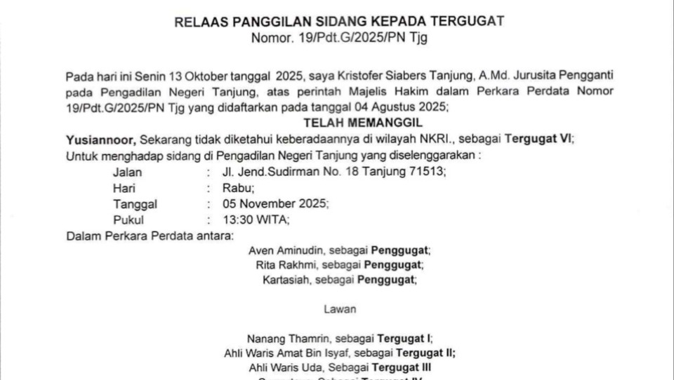 Relaas Panggilan Kepada Tergugat  No.19/Pdt.G/2025/PN Tjg tanggal 04 Agustus 2025 An. Yusiannoor