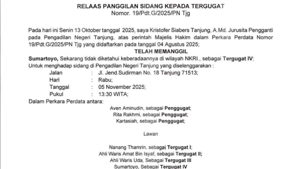 Relaas Panggilan Kepada Tergugat  No.19/Pdt.G/2025/PN Tjg tanggal 04 Agustus 2025 An. Sumartoyo