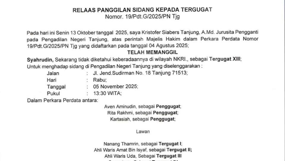 Relaas Panggilan Kepada Tergugat  No.19/Pdt.G/2025/PN Tjg tanggal 04 Agustus 2025 An. Syahrudin