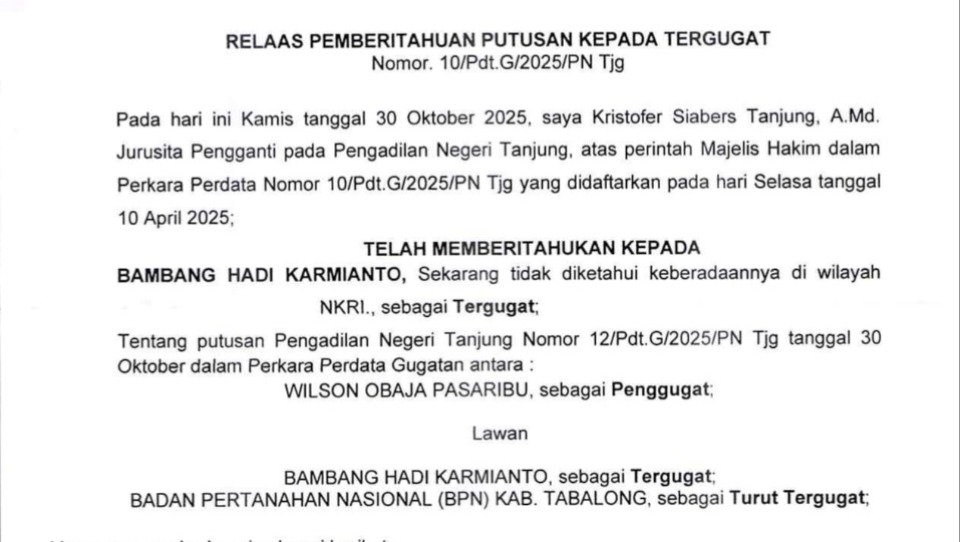 Relaas Panggilan Kepada Tergugat  No.10/Pdt.G/2025/PN Tjg tanggal 30 Oktober 2025 An. Bambang Hadi Karmianto
