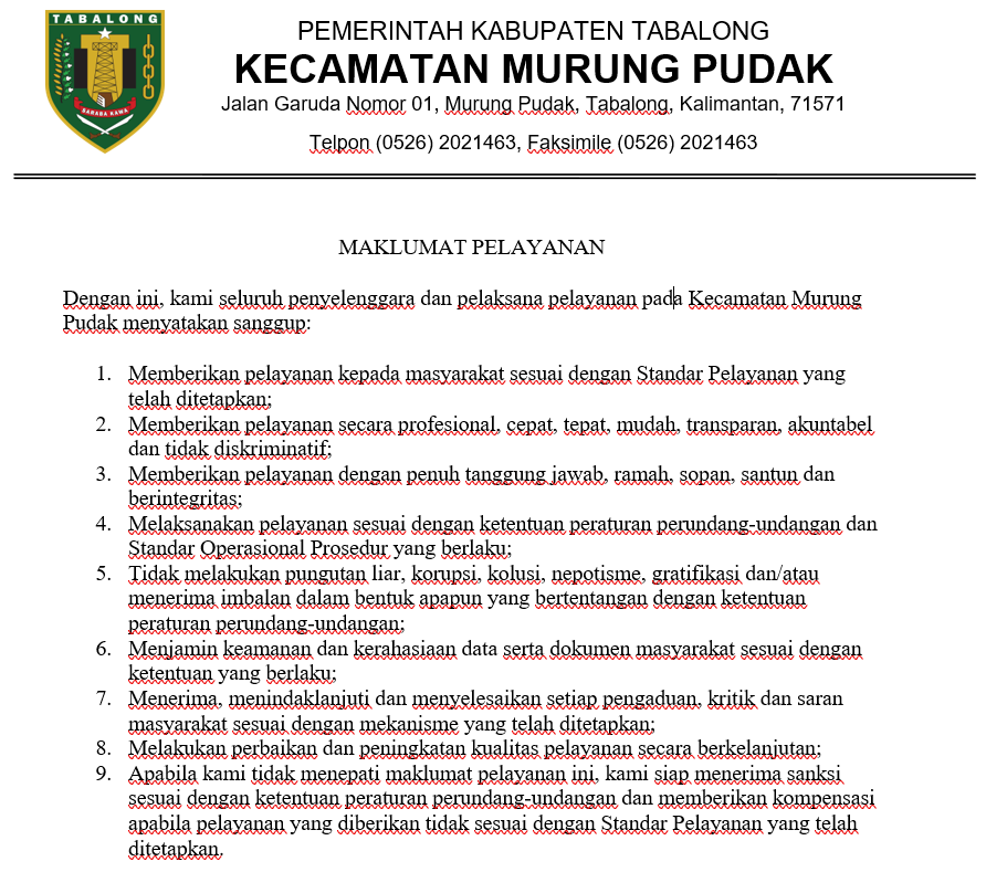 MAKLUMAT PELAYANAN KECAMATAN MURUNG PUDAK