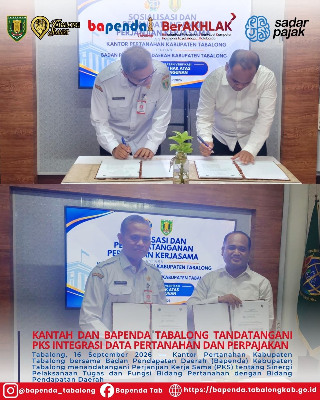Kantah dan Bapenda Tabalong Tandatangani PKS Integrasi Data Pertanahan dan Perpajakan