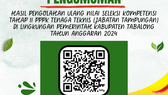 Pengumuman Hasil Pengolahan Ulang Nilai Seleksi Kompetensi Tahap II PPPK Tenaga Teknis (Jabatan Tampungan) di Lingkungan Pemerintah Kabupaten Tabalong Tahun Anggaran 2024
