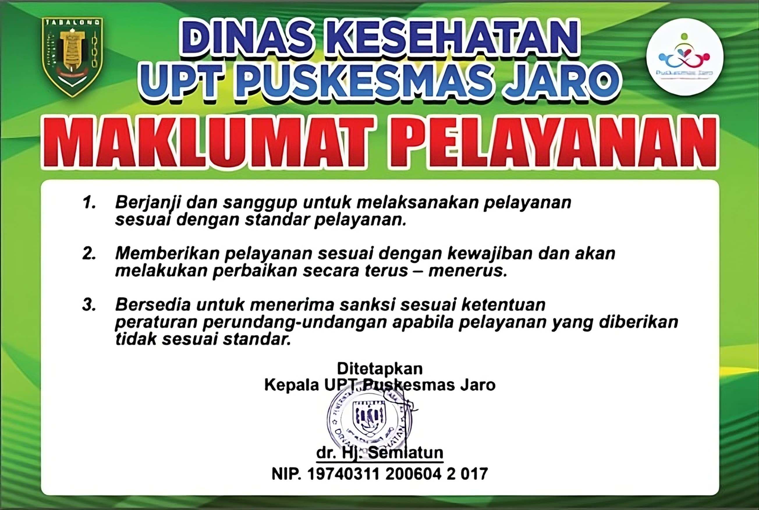 Maklumat Pelayanan Puskesmas Jaro