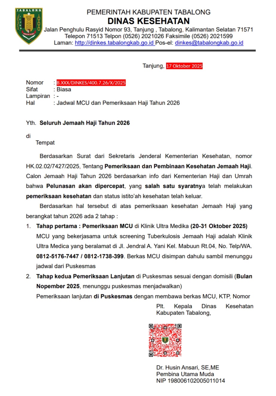 Jadwal MCU dan Pemeriksaan Calon Jamaah Haji Tahun 2026