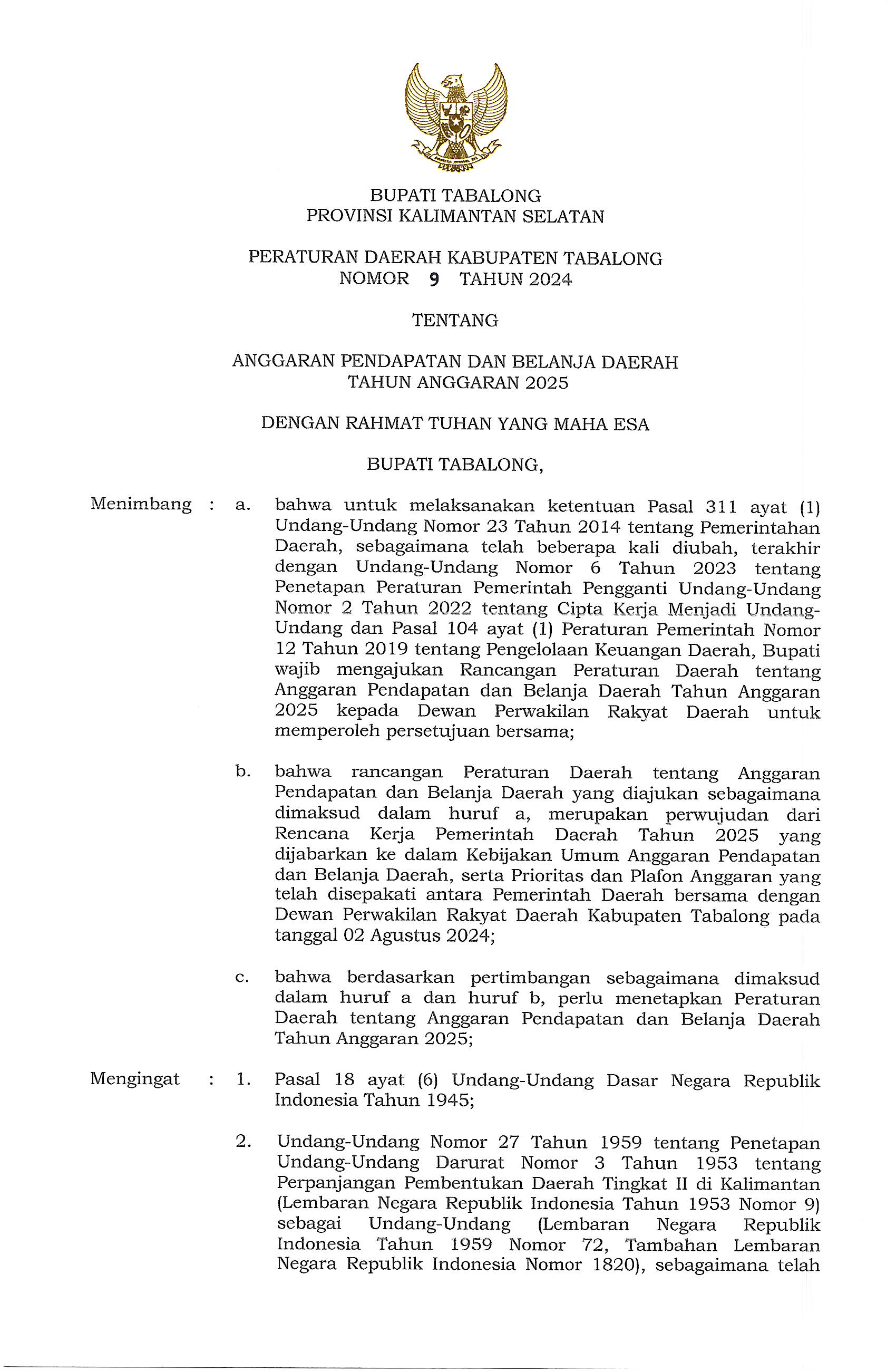 Peraturan Daerah Kabupaten Tabalong Nomor 9 Tahun 2024 Tentang Anggaran Pendapatan dan Belanja Daerah Tahun Anggaran 2025
