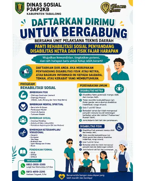 Dinas Sosial P3AP2KB Kabupaten Tabalong membuka kesempatan bagi penyandang disabilitas fisik dan netra untuk mengikuti program rehabilitasi sosial di Panti Rehabilitasi Sosial Penyandang Disabilitas N