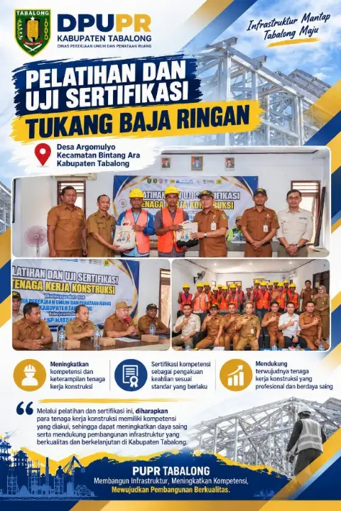 PELATIHAN DAN UJI SERTIFIKASI TENAGA KERJA KONSTRUKSI TUKANG BAJA RINGAN DI DESA ARGOMULYO, KECAMATAN BINTANG ARA