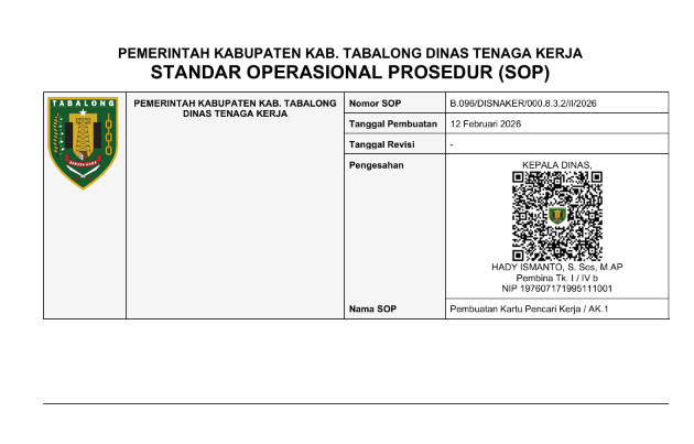 STANDAR OPERASIONAL PROSEDUR (SOP) Pembuatan Kartu Pencari Kerja / AK.1