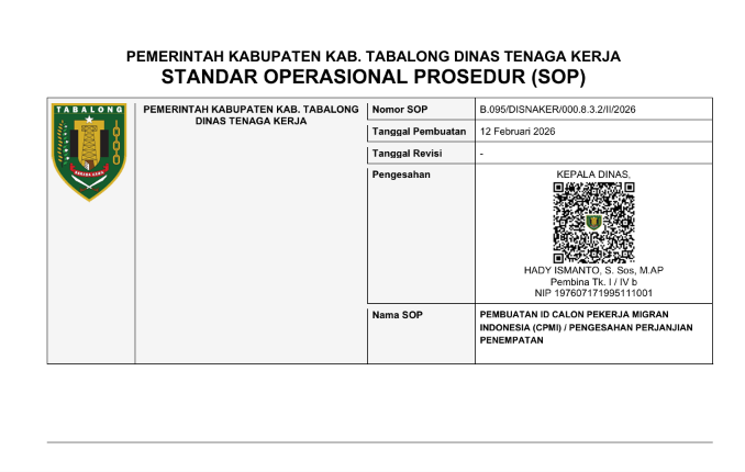 STANDAR OPERASIONAL PROSEDUR (SOP) PEMBUATAN ID CALON PEKERJA MIGRAN INDONESIA (CPMI) / PENGESAHAN PERJANJIAN PENEMPATAN