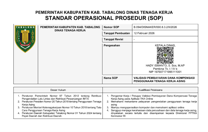 STANDAR OPERASIONAL PROSEDUR (SOP) VALIDASI PEMBAYARAN DANA KOMPENSASI  PENGGUNAAN TENAGA KERJA ASING